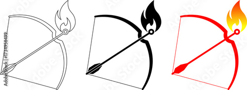 Bow and arrow with fire flame icon set, symbol of power, war, passion and energy in vector style