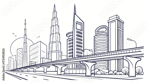 Vector art of modern city skyline with skyscrapers and elevated highway