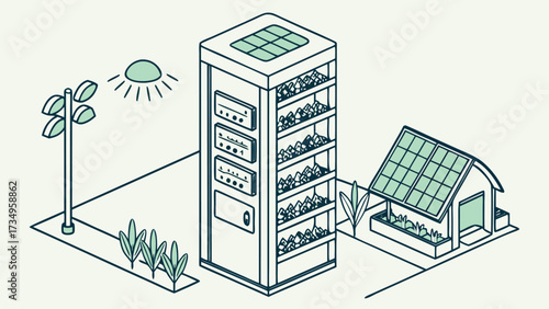 Vector art of vertical farm tower and solar powered house in a futuristic city