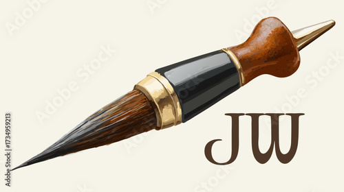 Elegant vintage art brush with wooden handle and golden ferrule, a classic artistic tool for painting, drawing, or calligraphy.