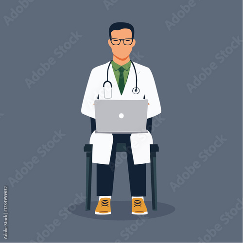 A male doctor in a white lab coat sitting on a chair with a laptop on his lap wearing glasses and a stethoscope around neck in a cartoon flat design style for medical or healthcare concept