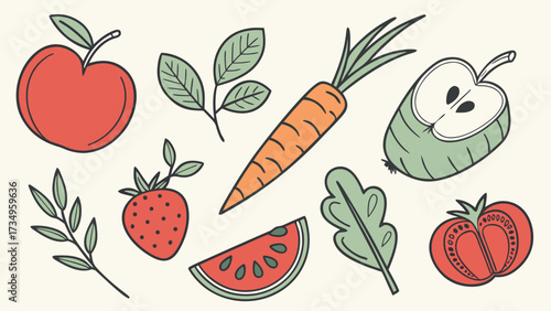 Vector art of handdrawn collection of fresh fruits and vegetables with leaves