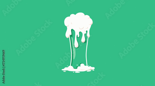 Stylized overflowing glass with white dripping foam, flat cartoon vector beverage illustration on a vibrant green background.