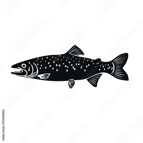 Graphic black and white spotted trout illustration in a bold woodcut style. Isolated fish icon for fishing
