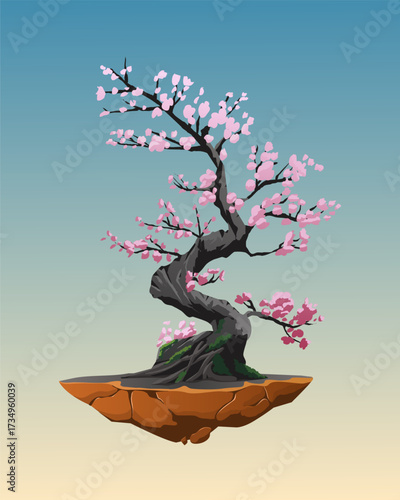 Vector illustration of bonsai Sakura tree on floating island