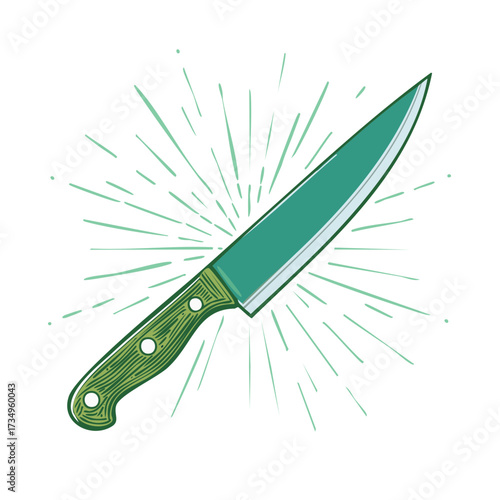 A vibrant green chef's knife illustration with radiating lines signifying culinary precision and sharp kitchen expertise