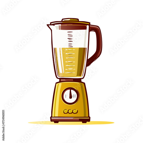 Cartoon illustration of a vintage yellow blender appliance filled with a healthy smoothie or juice.