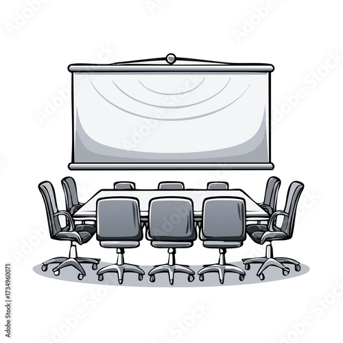 Professional empty boardroom illustration with meeting table, ergonomic swivel chairs, and presentation screen for business discussions.
