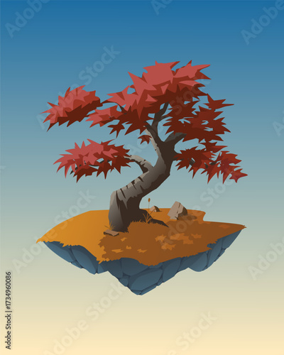 Vector illustration of a tree with red leaves on a floating island