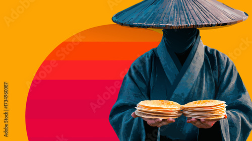 Mysterious figure in traditional conical hat and robe presenting golden pancakes against a vibrant artistic sunset background.