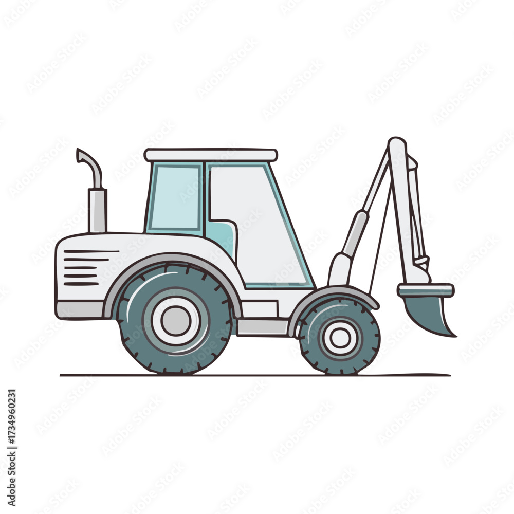 Fototapeta premium Cartoon Backhoe Loader Machine Construction Vehicle Heavy Equipment Farm Equipment Illustration with Outline Style and Minimal Color