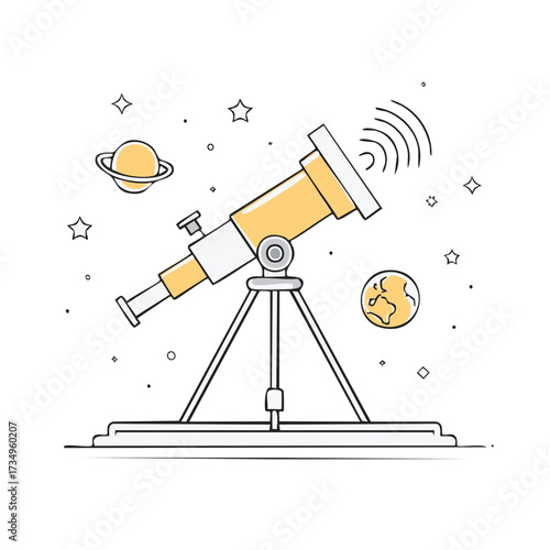 Telescope on tripod exploring outer space with planets, stars, and signal waves