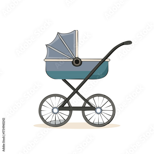 Blue baby stroller vector art, newborn transport, family parenthood concept art, baby carriage design, childcare
