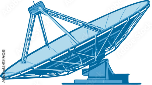 Large parabolic satellite dish illustration for global communication, signal reception, and data transmission technology concept. Telecommunications antenna graphic.