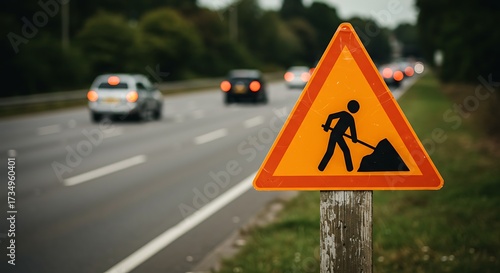 Road work ahead sign on highway with traffic passing in daytime