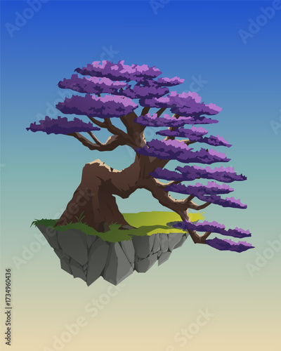Vector illustration of a tree with purple leaves on a floating island