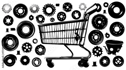 Conceptual black and white illustration: shopping cart surrounded by mechanical gears, symbolizing intricate business systems and industrial commerce.