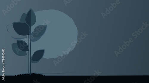 Abstract minimalist illustration of a growing plant seedling at night, with subtle light and shadows in a dark monochromatic palette