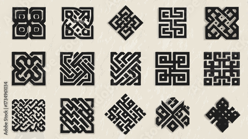 Collection of elegant black abstract geometric ornamental knot patterns, traditional intricate vector designs for decoration and graphic elements