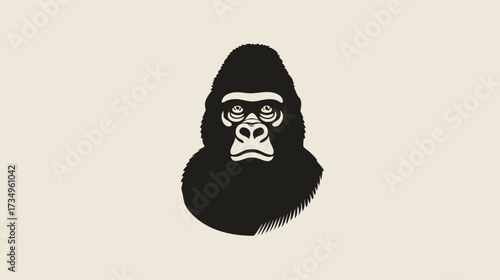Minimalist black and white gorilla head illustration. Stylized vector graphic of a primate animal face on light background.