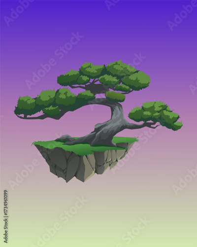 Vector illustration of a large tree with dense foliage above a floating island