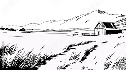 Hand-drawn black and white illustration of a desolate country landscape with a rustic barn, tall grass, and mountains.
