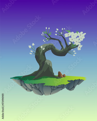 Vector illustration of bonsai tree with white flowers on floating island