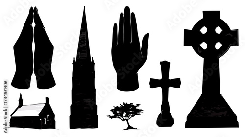 Vector Silhouette Icons of Religious and Spiritual Symbols, Faith, and Devotion Set. Collection of Sacred Christian Elements.