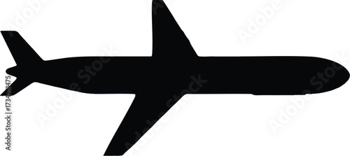 Black silhouette of a jet airplane from above Keywords: airplane, jet, aircraft, silhouette