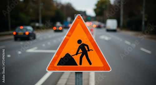 Road work ahead warning sign on asphalt highway with blurry background