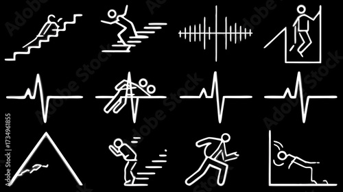 Line art icons illustrating health, fitness, and human effort including exercise, climbing, running, and heartbeat rhythms on black.