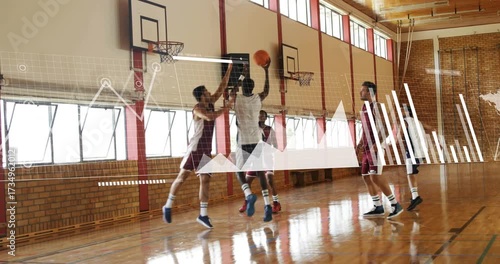 Basketball athlete executing crossover dribble driving toward hoop with animated shot arc to score