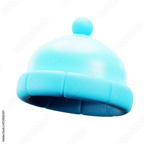 Cyan Knitted Winter Hat Isolated on Transparent Background with Top Pom and Soft Lighting