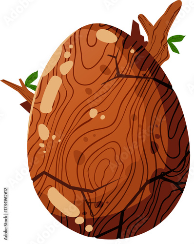 Decorative Wooden Egg Illustration with Transparent Background Featuring Tree Branch and Green Leaves
