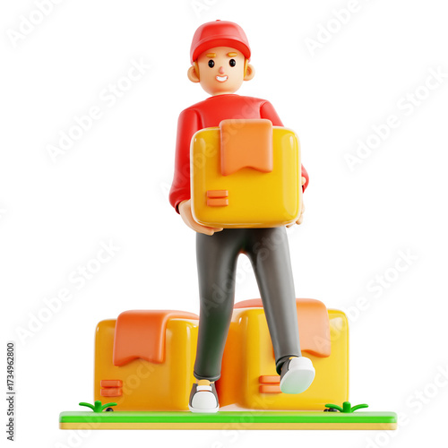 Delivery Person Holding Yellow Packages Standing On Green Field Against Transparent Background