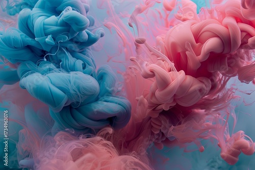 Swirling patterns of blue and pink ink create an ethereal, dreamy background. Close-up macro photography captures dynamic fluidity and vibrant colors.