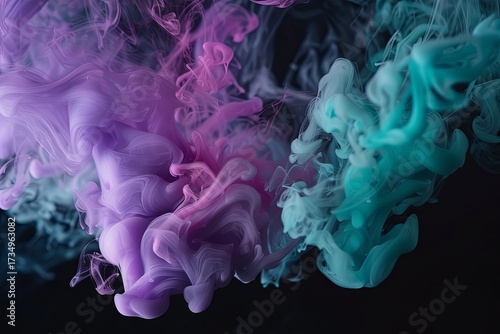Abstract smoke swirls in vibrant purple and teal hues against a dark background. Ethereal forms create a tranquil and dreamlike atmosphere.