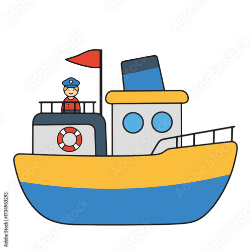 A cheerful cartoon illustration of a toy tugboat with a smiling captain at the helm, ready for adventure on the high seas