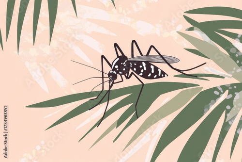 Black and White Mosquito on Tropical Green Leaves Background