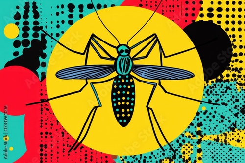 Bold Colorful Illustration of a Mosquito on Vibrant Background