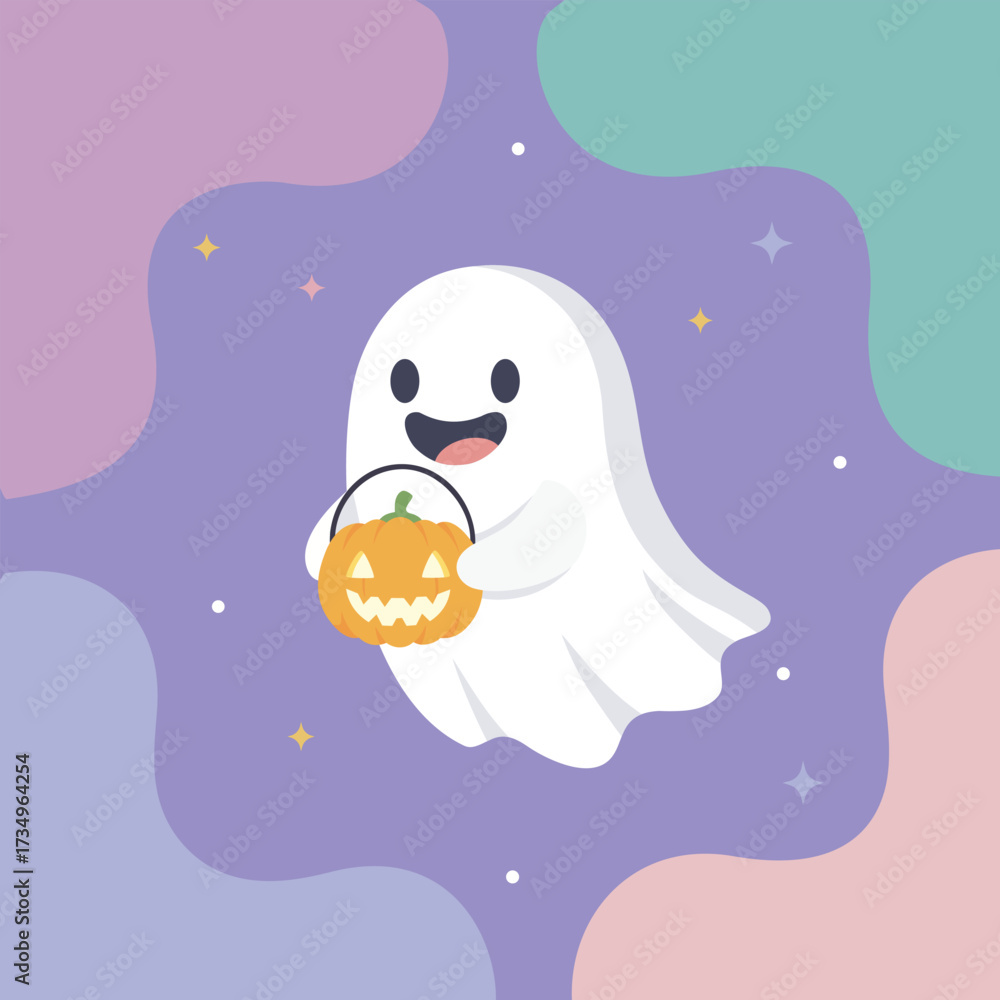 Obraz premium Cute Halloween Ghost Holding a Pumpkin Lantern Flat Kawaii Cartoon Vector Illustration
