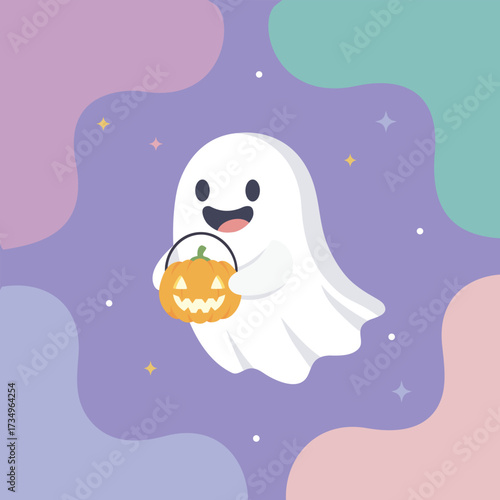 Cute Halloween Ghost Holding a Pumpkin Lantern Flat Kawaii Cartoon Vector Illustration
