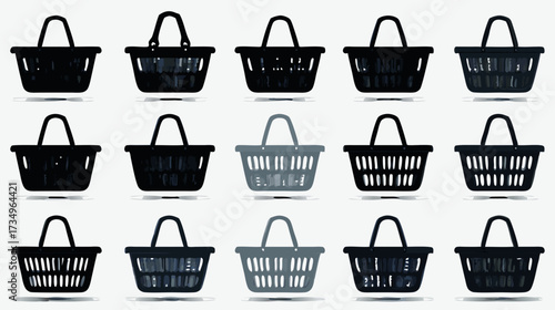 Collection of diverse empty shopping baskets, retail cart icons, consumerism and e-commerce symbols, isolated vector illustration set.