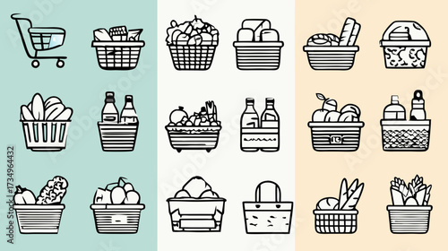 Diverse collection of shopping cart and grocery basket line art icons filled with food, fresh produce, and drinks. Ideal for retail designs.
