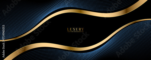 Blue black luxury background on dark space with dotted lines shape effect decoration. Modern graphic design element with golden line waves style concept for web banner, flyer, card, or brochure cover