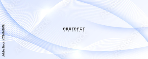 Minimalist abstract background with smooth white blue curved wave lines on light gradient texture, modern digital design for presentation, banner, poster, or website template