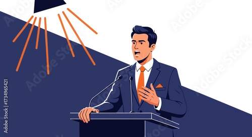 Businessman Speaking At A Podium Under Spotlight: Public Speaking In A Conference Setting