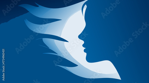 Dynamic blue vector illustration of a graceful woman's profile with flowing, abstract elements, symbolizing freedom, beauty, and spirit.