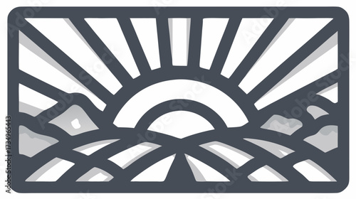 Stylized vector illustration of a sunrise or sunset over rolling hills and mountain peaks with radiating sunbeams. Minimalist nature landscape graphic element for calm design.