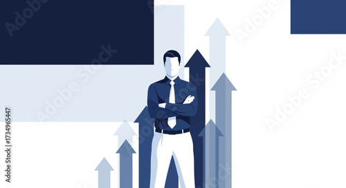 Businessman Standing Confidently In Front Of Ascending Arrows Representing Business Growth